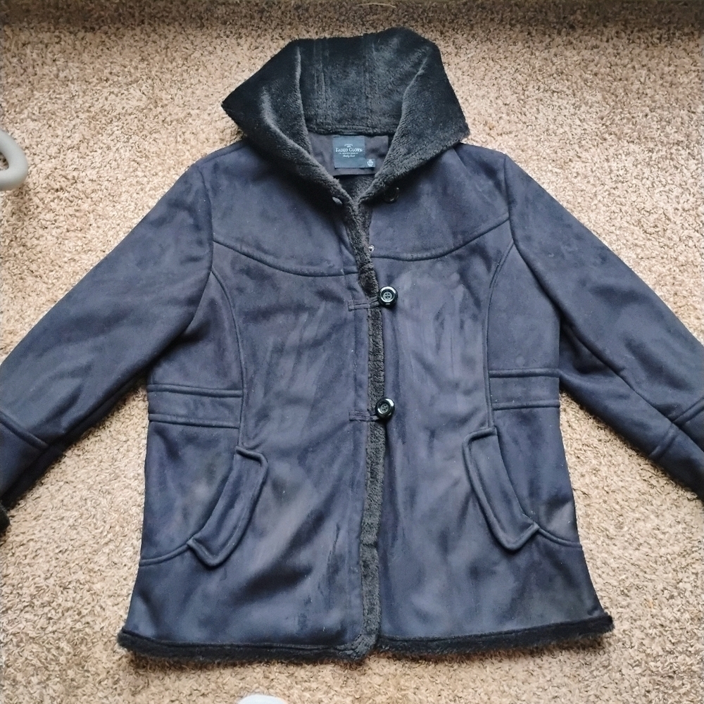 NEW Condition Faux Suede Sherpa-Lined Hooded Winter Coat 2XL Black